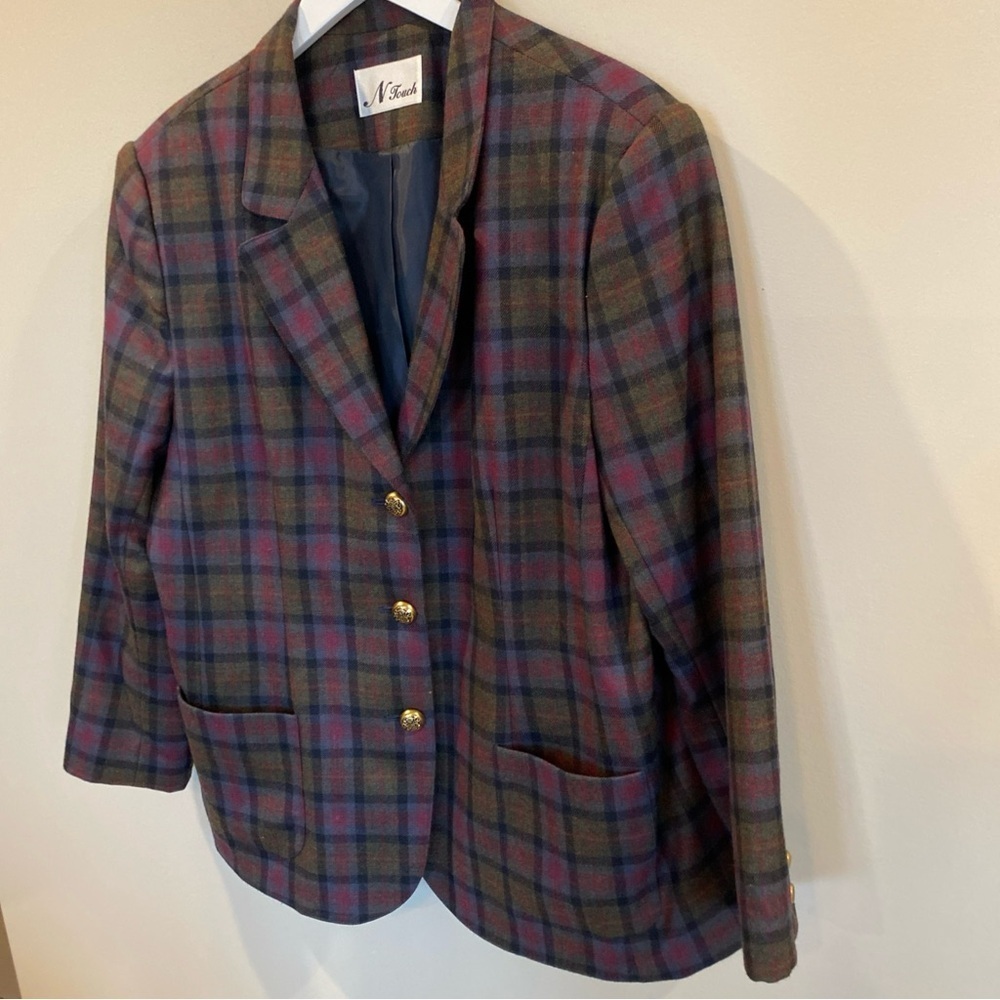 N Touch Plaid Wool Blazer Jacket Womens Size 16 Gold Buttons Pockets Vintage - Picture 2 of 6